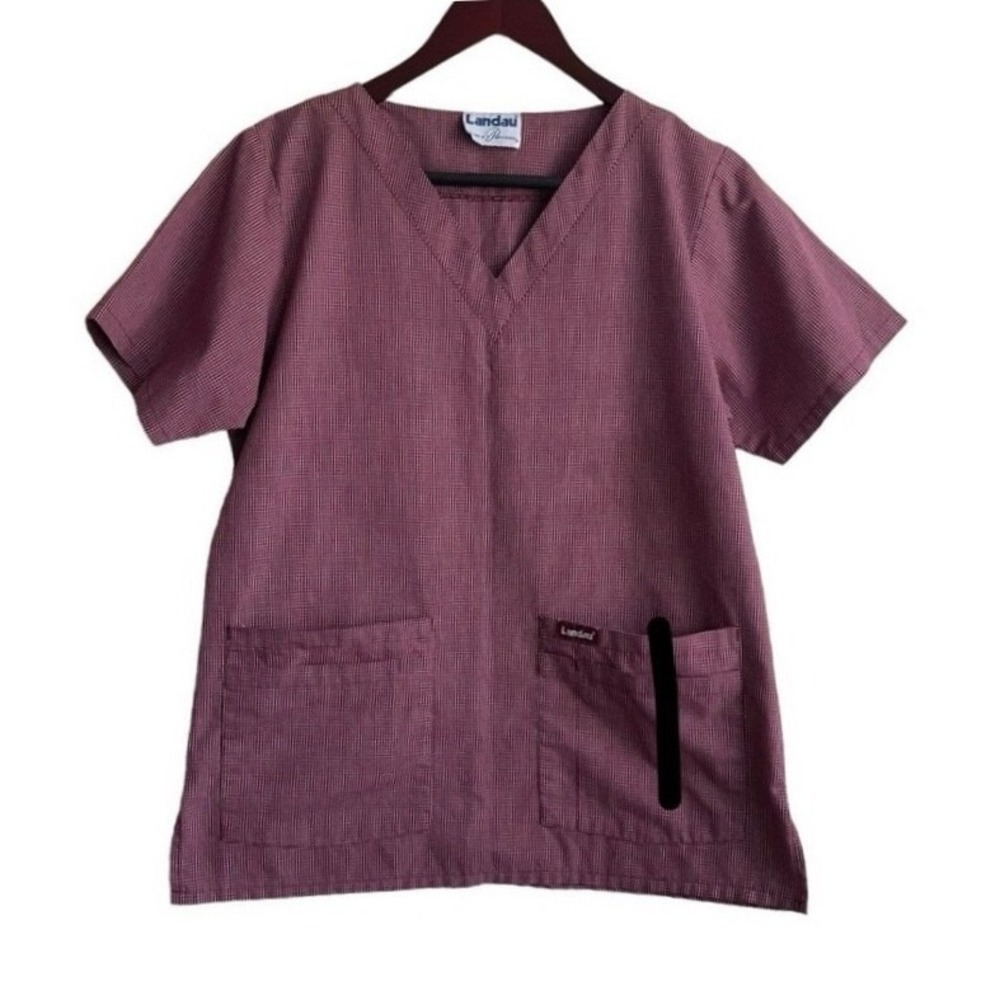 Landau Women Medical Professional Scrub Top M Maroon Micro Check V-Neck Workwear